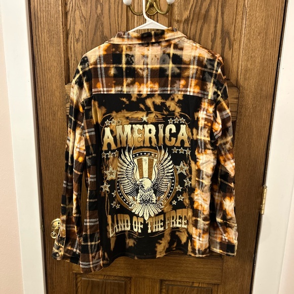 America Land of the Free Orange Brown Plaid Flannel Button Shirt Large - Picture 7 of 9